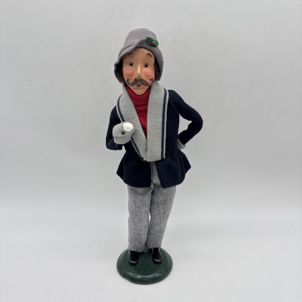 Byers' Choice Carolers 2001 Mustache Man Blue Gray Coat & Hat Christmas Holiday